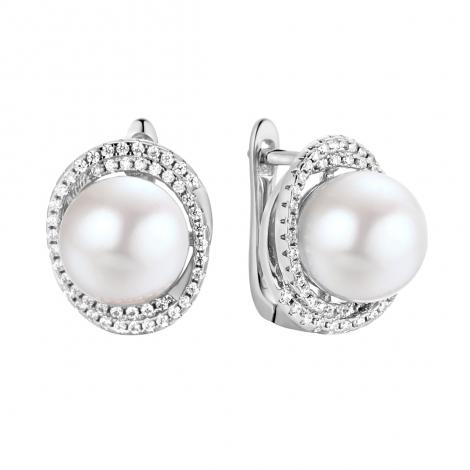Серьги, вставка: жемчуг (культ.), куб.цирконий, арт.:0220911896a, SilverWings, рис. 1