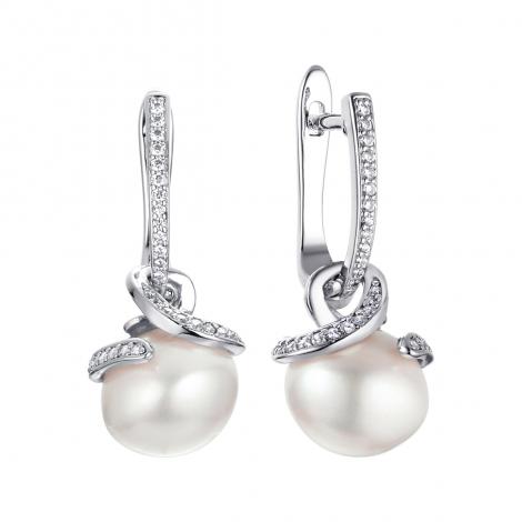 Серьги, вставка: жемчуг (культ.), куб.цирконий, арт.:0220913569a, SilverWings, рис. 1