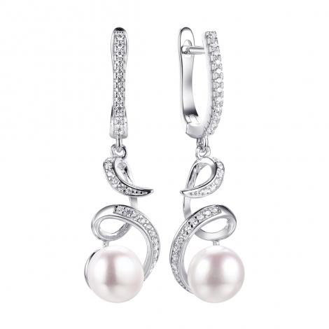 Серьги, вставка: жемчуг (культ.), куб.цирконий, арт.:0220914584a, SilverWings, рис. 1